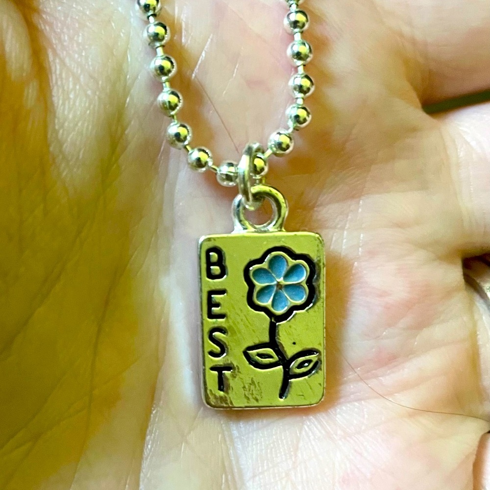 “Best” with Blue Flower Pendant Silver Necklace